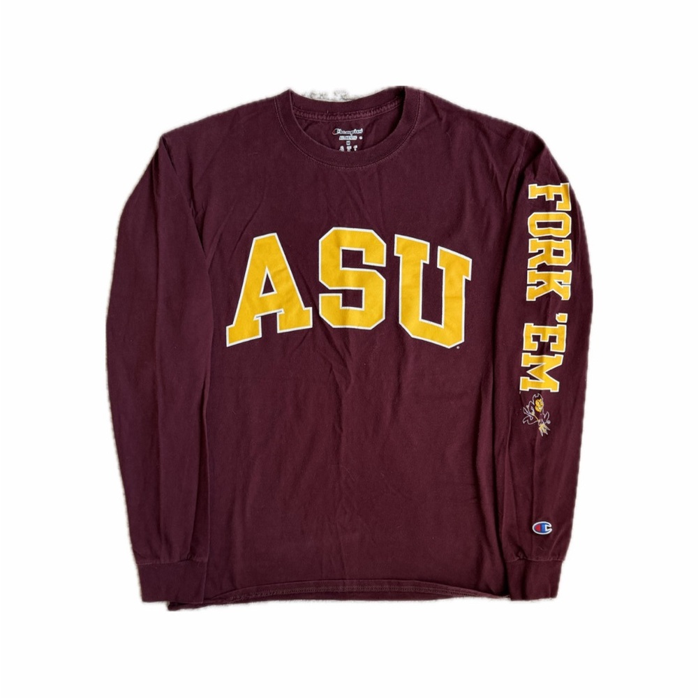 ASU Champion Maroon Long-Sleeve with 'FORK 'EM' Sleeve Hit — Size Medium